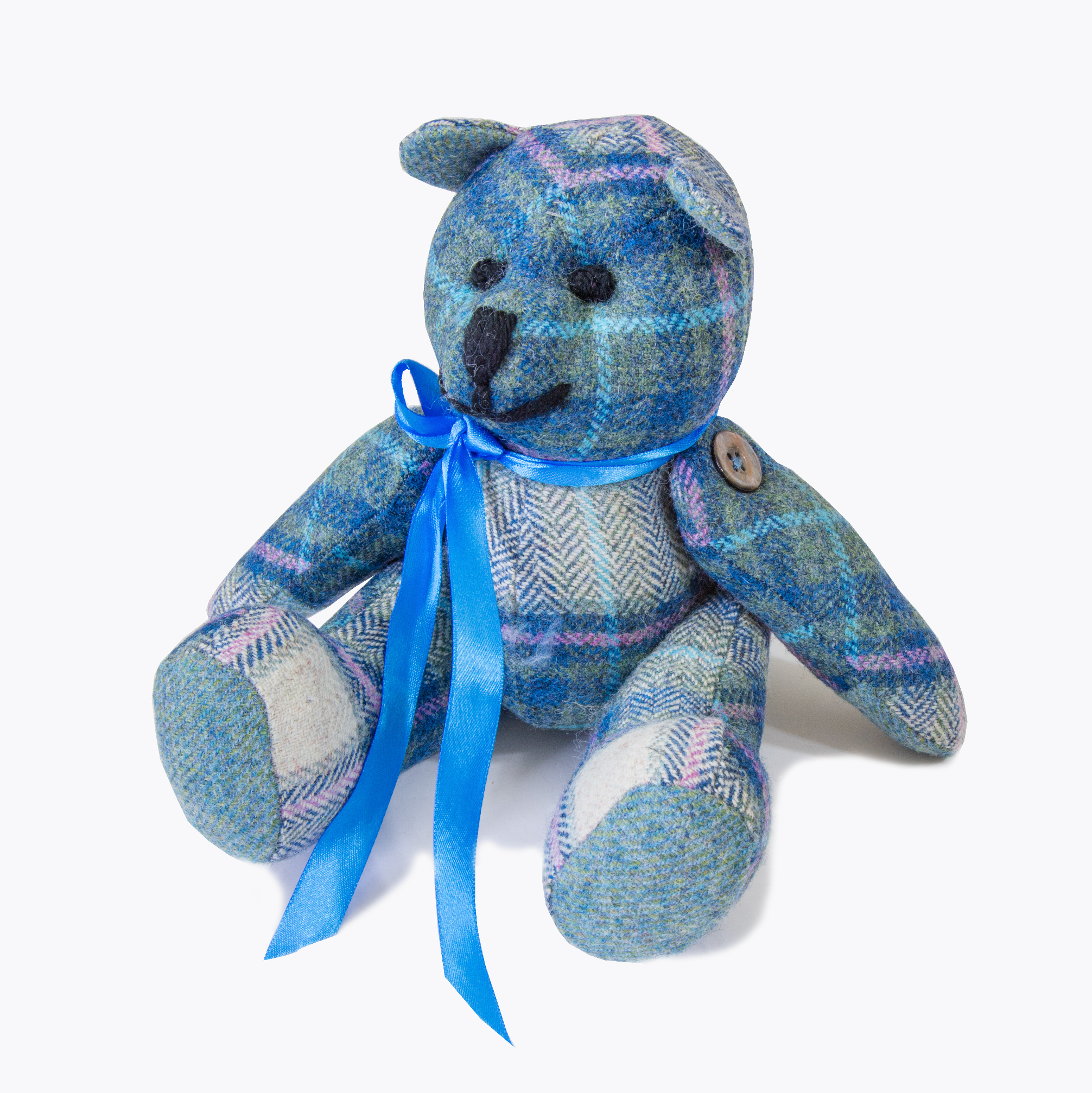 Tweed Teddy Bear with Blue Ribbon